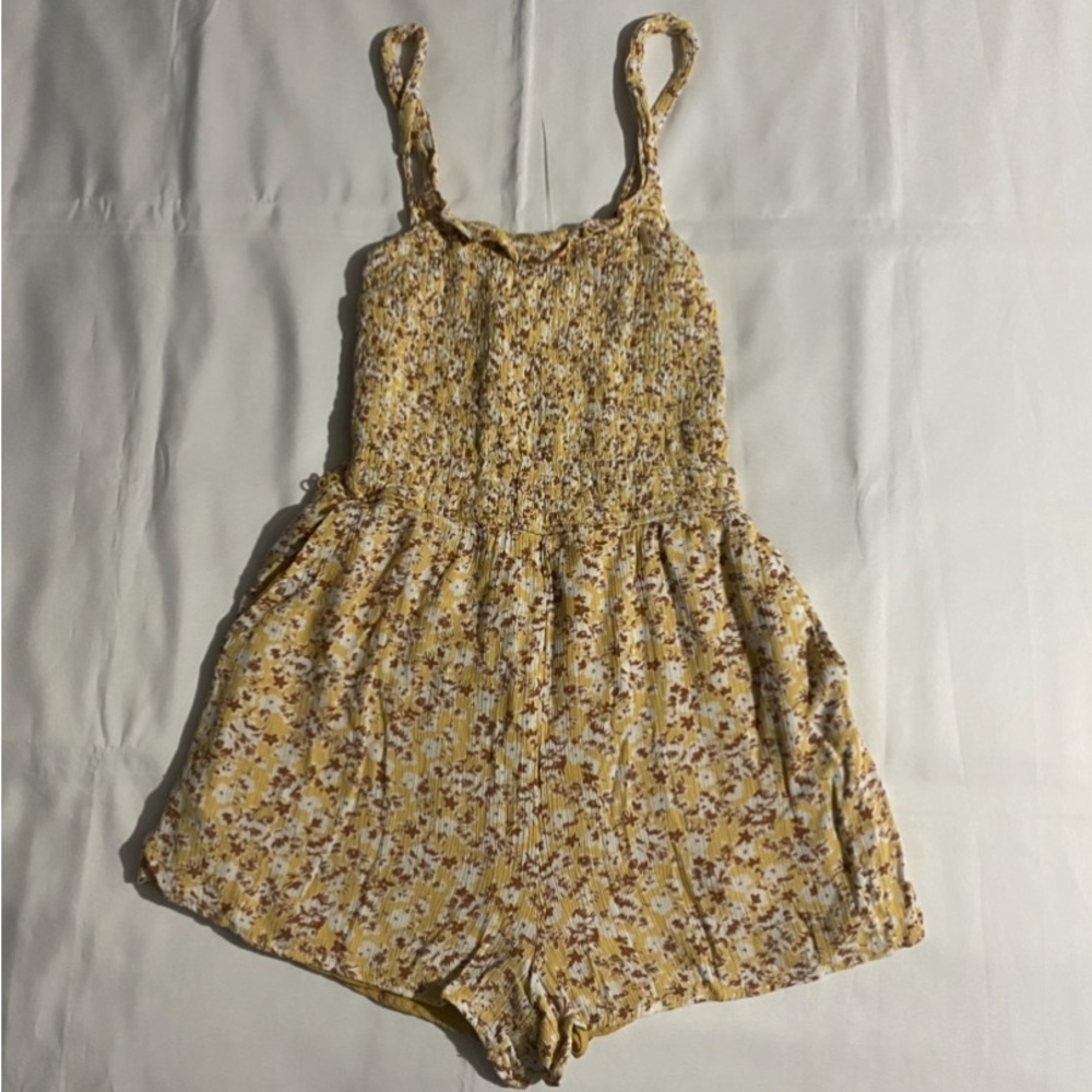 Abercrombie & Fitch Floral Print Smocked Yellow Tank Top Shorts Romper